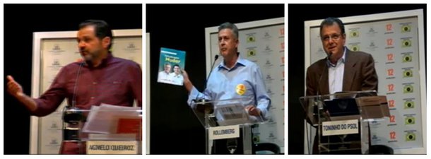Na noite desta quinta-feira (7), os candidatos ao governo do Distrito Federal participaram de debate promovido pelo Colégio Marista, na Asa Sul. Sem justificativa, José Roberto Arruda (PR) não compareceu. O momento mais quente da noite ocorreu no terceiro bloco, quando Toninho do Psol (PSOL) defendeu o financiamento público de campanha e questionou nominalmente os demais candidatos sobre as doações feitas por empresas privadas a suas campanhas. Todos recorreram ao direito de resposta para... mediante justificativas, concordar com o adversário socialista. Diante do empate técnico nas pesquisas, Rollemberg partiu para o ataque a Agnelo, que se defendeu apresentando resultados de sua gestão