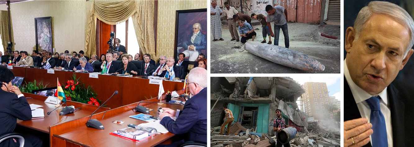 Bloco econômico firma posição pelo imediato fim do massacre empreendido pelo governo de Benjamin Netanyahu sobre a população palestina da faixa de Gaza; reunidos em Caracas, líderes do Mercosul propuseram a divulgação de um comunicado contra os ataques de Israel aos palestinos e exigindo cessar-fogo; para Nicolás Maduro, da Venezuela, há um profundo sentimento de solidariedade com o povo palestino; em seu discurso durante a 46ª cúpula do bloco, presidente Dilma Rousseff disse que "não podemos aceitar impassíveis a escalada da violência entre Israel e Palestina"; isolamento crescente para agressores