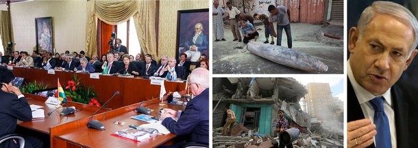 Bloco econômico firma posição pelo imediato fim do massacre empreendido pelo governo de Benjamin Netanyahu sobre a população palestina da faixa de Gaza; reunidos em Caracas, líderes do Mercosul propuseram a divulgação de um comunicado contra os ataques de Israel aos palestinos e exigindo cessar-fogo; para Nicolás Maduro, da Venezuela, há um profundo sentimento de solidariedade com o povo palestino; em seu discurso durante a 46ª cúpula do bloco, presidente Dilma Rousseff disse que "não podemos aceitar impassíveis a escalada da violência entre Israel e Palestina"; isolamento crescente para agressores