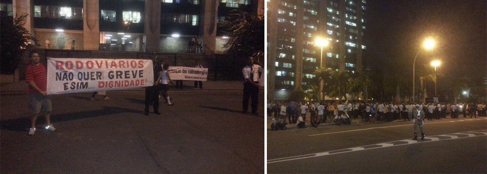 Rodoviários que participaram da paralisação de ônibus na capital fluminense farão manifestação e assembleia na Candelária, centro, onde decidirão pela continuação ou não da greve na semana que vem; a categoria não concorda com o aumento de 10% de reajuste salarial e 40% de aumento na cesta básica; após os reajustes, o salário básico de um motorista ficou em R$1.957,86 e o de um cobrador, R$1.080,39