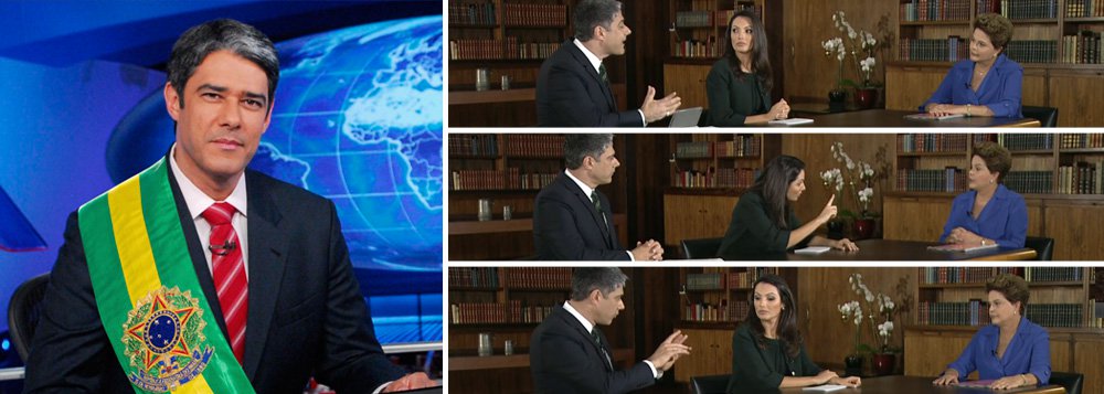 Apresentador do Jornal Nacional aparece como presidente da República nas redes sociais; um dia depois de interromper a presidente Dilma Rousseff 21 vezes em entrevista de 15 minutos, William Bonner é visto não como jornalista, mas como político; primeira pergunta dele, com a expressão "escândalo de corrupção" citada sete vezes, durou um minuto e 39 segundos, quase 10% do tempo total do encontro; tentativa de massacre teve caretas, um dedo em riste de uma transtornada Patrícia Poeta e gesto em dobro do próprio Bonner; desequilíbrio histórico