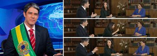 Apresentador do Jornal Nacional aparece como presidente da República nas redes sociais; um dia depois de interromper a presidente Dilma Rousseff 21 vezes em entrevista de 15 minutos, William Bonner é visto não como jornalista, mas como político; primeira pergunta dele, com a expressão "escândalo de corrupção" citada sete vezes, durou um minuto e 39 segundos, quase 10% do tempo total do encontro; tentativa de massacre teve caretas, um dedo em riste de uma transtornada Patrícia Poeta e gesto em dobro do próprio Bonner; desequilíbrio histórico