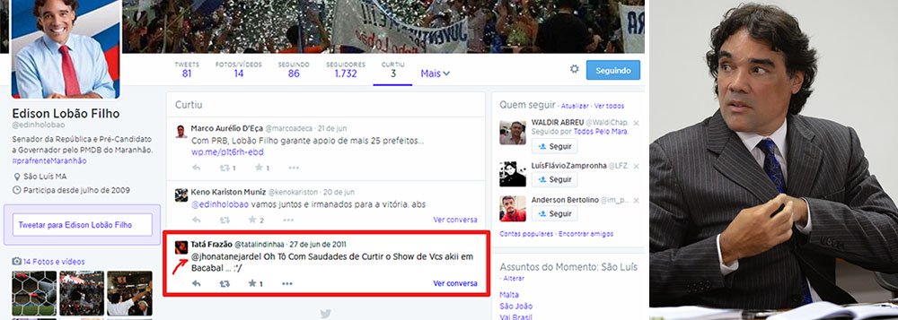 Candidato do PMDB ao governo do Maranhão já fez de tudo um pouco para atacar os opositores; desde interagir com perfis falsos no Twitter até usar o nome e a foto de uma estudante morta em 2011; a nova: seu perfil oficial no microblog (@Lobao_Filho, já excluído) pertencia à banda Jhonatan &amp; Jardel desde 2009; tudo para mostrar os seguidores que ele, na verdade, não tem