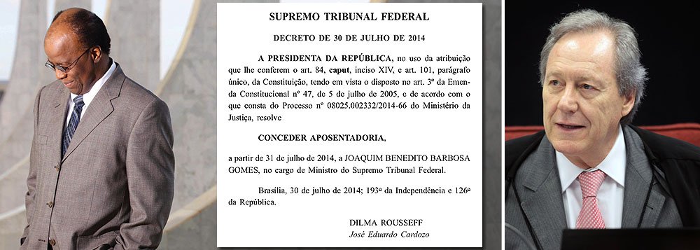 Agora é oficial: a aposentadoria de Joaquim Barbosa do Supremo Tribunal Federal está publicada no Diário Oficial da União, no decreto assinado pela presidente Dilma Rousseff e pelo ministro José Eduardo Cardozo; sua gestão foi marcada por abusos, agressões a colegas, jornalistas, advogados, entidades da magistratura e, sobretudo, a direitos de defesa assegurados pela Constituição Federal; depois de cumprir um papel lamentável à frente da suprema corte, ele poderá desfrutar a aposentadoria em Miami, num imóvel registrado em nome de uma offshore; nesta sexta-feira, Ricardo Lewandowski será eleito presidente do STF, que poderá, enfim, restaurar a sua dignidade