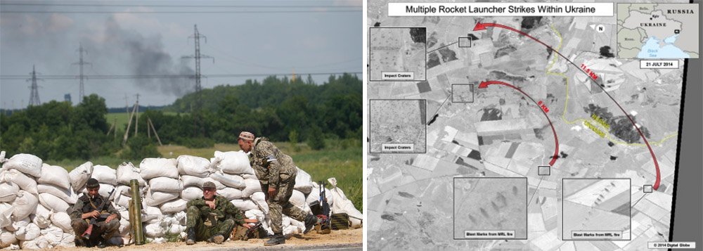 Os Estados Unidos divulgaram, neste domingo (27), imagens de satélite que comprovariam as denúncias de que a artilharia russa tem efetuado ataques contra o território da Ucrânia, como forma de apoiar os separatistas pró-soviéticos; as imagens mostram o que seriam baterias russas, lançadores de foguetes e morteiros em ação nas proximidades da fronteira entre os dois países; o governo russo nega as acusações e acusa os Estados Unidos de fomentarem uma campanha negativa contra o país