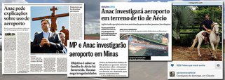 Primeiro disparo contra Aécio Neves, a denúncia da Folha sobre a construção de um aeroporto na cidade de Cláudio (MG), onde o ex-governador mineiro tem uma fazenda, teve repercussão tímida em publicações como Globo, Estado e a própria Folha; isso explica a iniciativa do PT, que decidiu entrar com representação contra o presidenciável tucano por improbidade administrativa, para manter o tema "aceso" durante a campanha eleitoral; desdobramentos da investigação da Anac também podem gerar novas manchetes; ontem, em Minas, Aécio defendeu que o caso seja investigado "com transparência" e tucanos anunciaram ação contra Dilma por "uso da máquina" para "perseguir adversários"