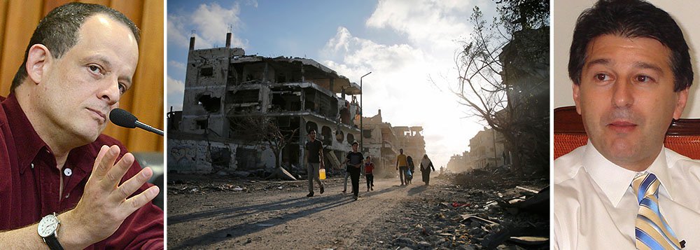 O jornalista Breno Altman (esq.) rebate a tese de Claudio Lottenberg (dir.), presidente da Confederação Israelita do Brasil, que afirmou que "antissionismo é antissemitismo"; "Não é ser antissemita negar aos grupos dominantes do sionismo o direito de cometer crimes de limpeza étnica, discriminação e agressão armada contra o povo palestino", diz Altman, fazendo referência ao massacre na Faixa de Gaza; "Não são definitivamente antissemitas os judeus que, honrando longa história de participação nas lutas pela emancipação dos povos e pela paz, se apresentam para combater a doutrina supremacista que rege o Estado de Israel"