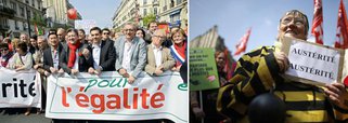 Manifestantes juntaram-se neste sábado em Paris, respondendo ao apelo de partidos de extrema-esquerda, para exigir uma mudança na política do presidente François Hollande, que consideram mais favorável aos patrões que aos trabalhadores; “Hollande, já chega”, dizia uma faixa colocada na estátua da Praça da República, ponto de partida da Marcha contra a Austeridade, pela Igualdade e a Partilha da Riqueza