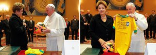 “Vim aqui porque a Copa do Mundo vai ocorrer no Brasil em julho. E eu vim dizer para o Santo Padre que nós vamos fazer uma Copa com um tema muito importante. O tema é uma Copa pela paz e uma Copa contra o racismo”, disse a presidente Dilma Rousseff, no Vaticano, onde entregou ao papa Francisco a bola oficial da Copa e uma camisa da seleção brasileira; no sábado, ela participará da ordenação do arcebispo do Rio de Janeiro, Dom Orani Tempesta, como cardeal