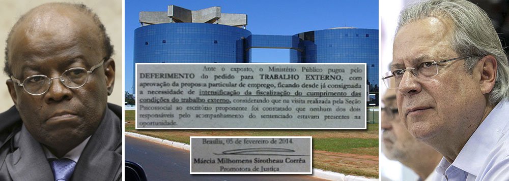 Agindo como um ditador à frente do Poder Judiciário, o ministro Joaquim Barbosa, presidente do Supremo Tribunal Federal, revogou decisão do ministro Ricardo Lewandowski sobre o pedido de trabalho de José Dirceu, alegando que o Ministério Público não se manifestou sobre a situação do ex-ministro, que está preso há três meses em regime fechado, embora tenha sido condenado ao semiaberto; era mentira!; parecer da procuradora Marcia Milhomens Sirotheau Corrêa, do Ministério Público Federal, datado de 5 de fevereiro, foi favorável a que o ex-ministro trabalhe; Barbosa está destruindo impunemente o Estado de Direito no Brasil diante de uma sociedade impassível a sua tirania; leia o documento