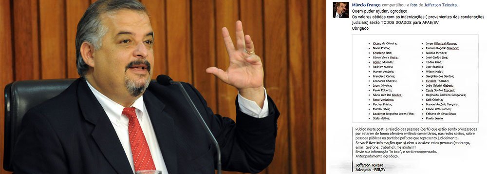 Jefferson Teixeira, advogado do PSB de São Vicente postou uma lista no Facebook das pessoas que teriam ofendido o deputado Márcio França, quando na verdade apenas teceram críticas, em comentário contra a presidente Dilma Rousseff; “Se você tiver informações que ajudem a localizar essas pessoas, me ajudem!”, diz
