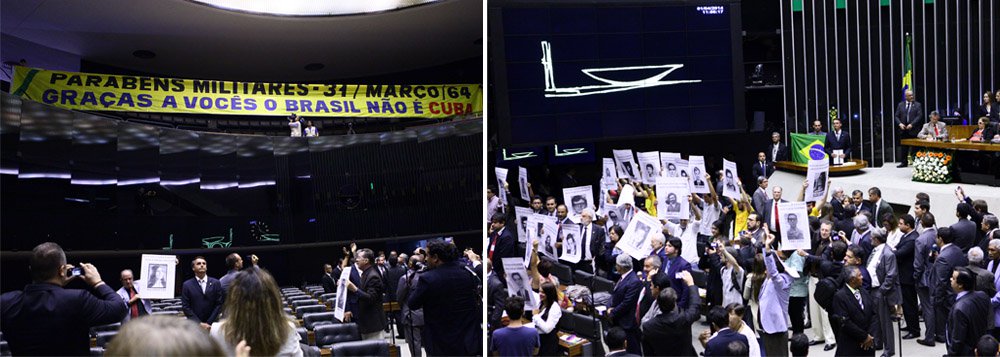 Durante o discurso da deputada Luiza Erundina, autora do requerimento para realização da solenidade, um grupo exibiu uma faixa parabenizando os militares pelo golpe; ato provocou tumulto e os presentes chamaram o deputado Jair Bolsonaro (PP-RJ) de assassino