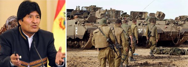 Com isso, presidente da Bolívia renuncia a acordo firmado com o estado judaico em 1972, que permitia o ingresso de israelenses sem visto no país da América do Sul; por determinação de Evo Morales, Israel entra agora na lista 3, com baixo nível de relações diplomáticas com La Paz; em discurso, ele afirmou que "Israel é um estado terrorista" e chamou de genocídio o que ocorre na Faixa de Gaza