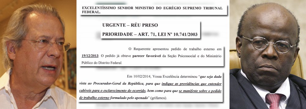 Preso há quase cinco meses em regime fechado, embora tenha sido condenado ao semiaberto, o ex-ministro José Dirceu apresenta nova petição ao Supremo Tribunal Federal rogando à corte para que seu pedido de trabalho externo, que conta com parecer favorável do Ministério Público, seja avaliado em regime de urgência; presidente do STF, Joaquim Barbosa, tem adiado ao máximo a análise do pedido, colocando-se acima da lei e do que foi decidido pelo próprio plenário da corte; arbitrariedades não podem se perpetuar; leia a íntegra do documento