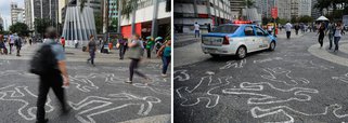 Silhuetas de corpos desenhadas no Largo da Carioca alertam para assassinatos no Rio de Janeiro; o ato chama a atenção da sociedade para o número de assassinatos cometidos por ano no estado e exige do Poder Público ações para diminuir a morte de jovens negros na cidade
