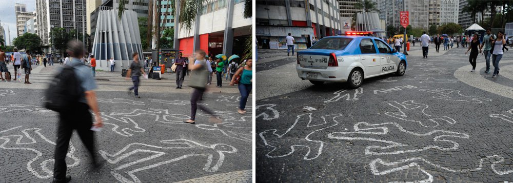 Silhuetas de corpos desenhadas no Largo da Carioca alertam para assassinatos no Rio de Janeiro; o ato chama a atenção da sociedade para o número de assassinatos cometidos por ano no estado e exige do Poder Público ações para diminuir a morte de jovens negros na cidade