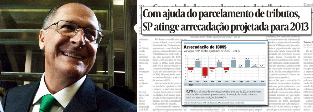 Governo de São Paulo usa subterfúgios contábeis para cumprir previsão orçamentária e mostrar serviço no aumento da arrecadação; o que foi duramente atacado como 'contabilidade criativa' do governo federal é chamado de 'ajuda de parcelamento de tributos' pelo jornal especializado Valor Econômico, das famílias Frias e Marinho; tratamento diferenciado para movimentos semelhantes comprova, outra vez, que regra vigente na mídia é "ao amigos tudo, aos inimigos a lei segundo a nossa interpretação"