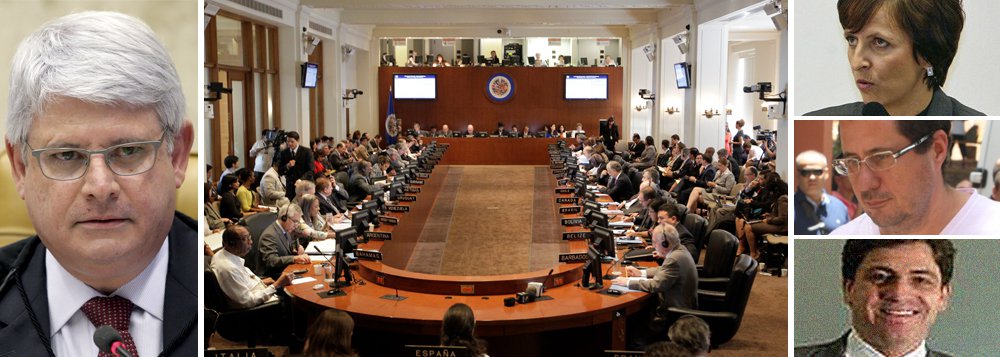 Após os condenados na AP 470 Kátia Rabello, José Roberto Salgado e Vinícius Samarane apresentarem recurso à Comissão Interamericana de Direitos Humanos, órgão da OEA, o procurador-geral da República, Rodrigo Janot, sugeriu a criação de um grupo de trabalho de representantes de órgãos do Judiciário e do Executivo para defender as condenações do Supremo Tribunal Federal no julgamento; a quem a OEA dará razão?