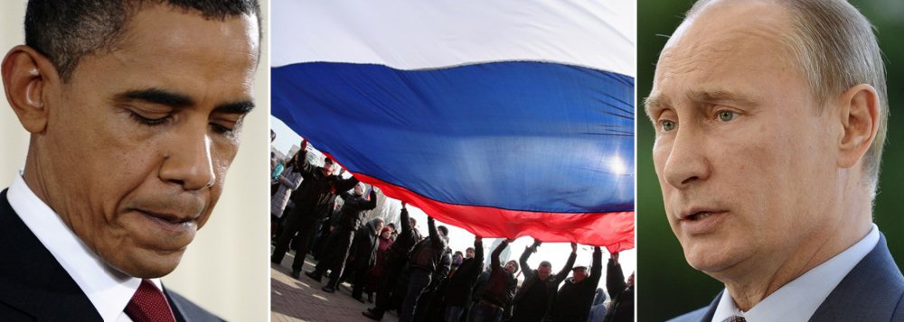 A primeira pesquisa de boca de urna aponta que 93% dos eleitores da Crimeia decidiram pela anexação do território à Rússia; Barack Obama sofre derrota fragorosa em sua incursão no Leste Europeu e Vladimir Putin sai vitorioso do jogo de xadrez; sanções que serão aplicadas à Rússia não mudam a realidade: há uma nova ordem geopolítica global; secretário de Estado, John Kerry, diz que não aceita o resultado; choro de perdedor