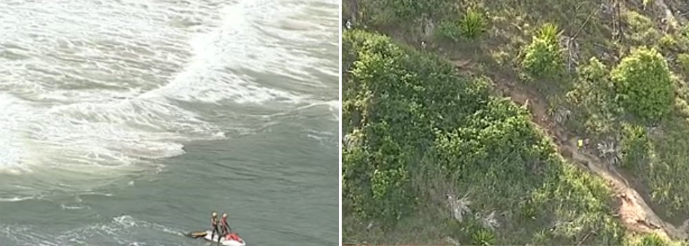 O Corpo de Bombeiros retomou as buscas pelo militar João Batista de Aguiar, de 42 anos, e pelo jovem Davi Fernandes, de 19 anos, que desapareceram após afogamento em praias da zona oeste do Rio, no início da semana; salva-vidas e mergulhadores do Destacamento de Guaratiba e do Grupamento Marítimo participam das buscas com o apoio motos aquáticas, lanchas e um helicóptero