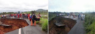 A rodovia Belém-Brasília foi cortada após rompimento de bueiro provocado pelas fortes chuvas que caem na região sul do estado; equipes do Departamento Nacional de Infraestrutura e Transportes (Dnit) estão no local, a previsão é que o tráfego na estrada deve ser reaberto nesta segunda-feira (17); O trecho rompido BR- 010 já foi interditado há três anos