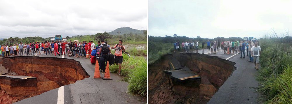 A rodovia Belém-Brasília foi cortada após rompimento de bueiro provocado pelas fortes chuvas que caem na região sul do estado; equipes do Departamento Nacional de Infraestrutura e Transportes (Dnit) estão no local, a previsão é que o tráfego na estrada deve ser reaberto nesta segunda-feira (17); O trecho rompido BR- 010 já foi interditado há três anos