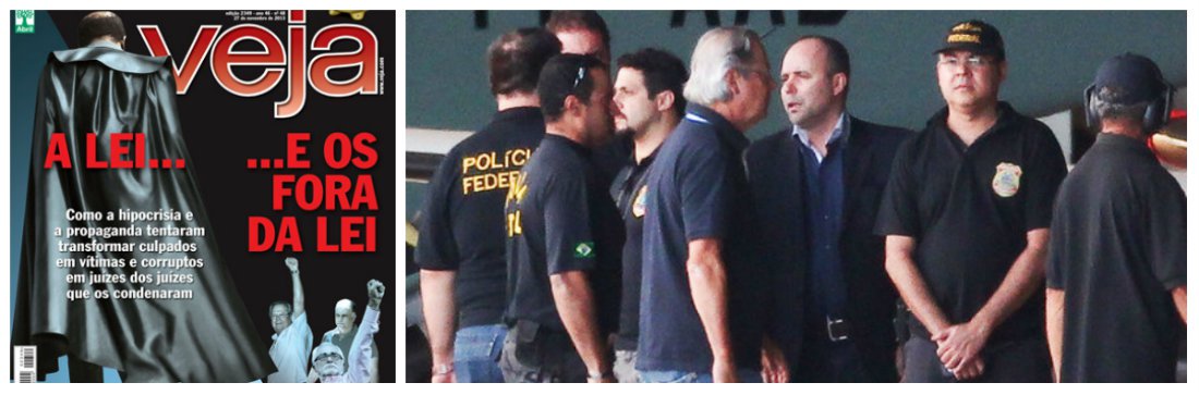 Criticado por juristas como Celso Bandeira de Mello e Dalmo Dallari por ter conduzido de forma ilegal e arbitrária as primeiras prisões da Ação Penal 470, o presidente do Supremo Tribunal Federal, Joaquim Barbosa, é resgatado mais uma vez por Veja, que o transforma em sinônimo da própria lei; é mais um capítulo de uma marcha perigosa que tenta transformar um herói atual da publicação – que, no passado, teve registrado seu passado de agressor nas páginas da própria revista – em plenipotenciário da Justiça no Brasil, nem que, para isso, seja necessário suprimir direitos e garantias constitucionais