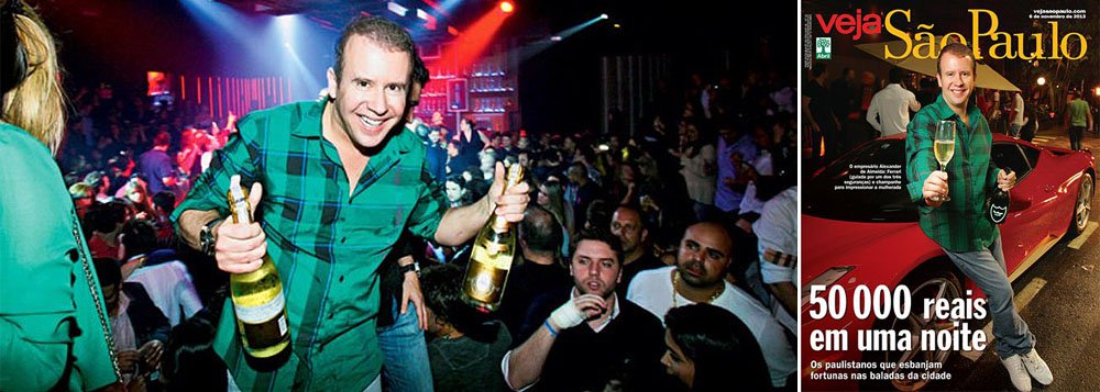 Personagem que estampou a capa da revista declarando gastar R$ 50 mil por noite, empresário Alexander Augusto de Almeida foi citado duas vezes na polícia como suspeito de agressão, uma contra a filha adolescente e outra contra sua então mulher, em 2008 e 2011; culto à ostentação foi a marca de uma das reportagens mais polêmicas já publicadas pela Editora Abril; jornalista Paulo Nogueira decretou a morte da Vejinha após a edição dedicada a alguém tão bizarro