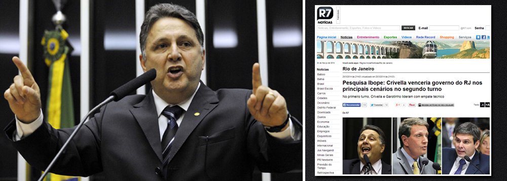 Segundo o deputado federal, o instituto colocou seu nome na lista de candidatos apenas como "Anthony", a fim de manipular os entrevistados; mesmo assim, ele teria saído na dianteira em todos os cenários, o que motivou o Ibope a não divulgar a pesquisa na última segunda-feira, como era o previsto; portal R7 divulgou levantamento com Marcelo Crivella (PRB) vencendo no segundo turno nos principais cenários; em seu blog, porém, Garotinho publica os números da pesquisa registrados no TSE e denuncia: "diferente do que a Record quis passar eu venço em todos os cenários"
