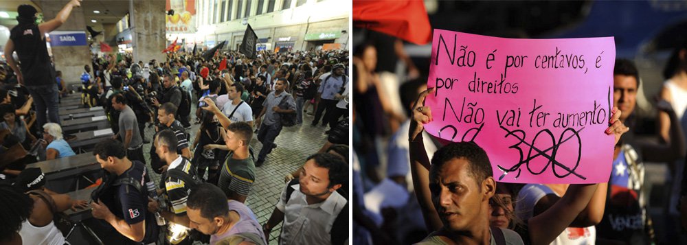 A Polícia Militar prendeu manifestantes que participavam de um protesto contra o aumento das passagens de ônibus na Central do Brasil; protesto começou pacífico às 18h30 com uma passeata pela Avenida Presidente Vargas até a Central do Brasil, mas terminou em um grande tumulto, quando os manifestantes invadiram o prédio da central e forçaram a liberação das roletas