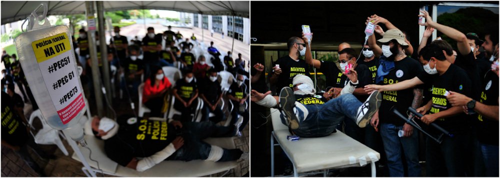 Mais de 6,5 mil agentes, escrivães e papiloscopistas da Polícia Federal aderiram nesta terça-feira 11 ao dia de paralisação proposto pela Fenapef e pelos sindicados da categoria em protesto por reajuste salarial e melhores condições de trabalho; em Brasília, manifestantes usam máscaras cirúrgicas e um policial foi deitado em uma maca para receber soro; "A Polícia Federal está na UTI", diz presidente do sindicato, Flávio Werneck