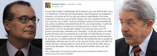 Famoso por uma gestão no Banco Central, entre 1997 e 1999, na qual queimou mais de US$ 50 bilhões em reservas brasileiras para sustentar uma ficção chamada paridade do real com o dólar, economista troca pitacos por um verdadeiro coice; "por que não te calas?", mandou Gustavo Franco a Lula, em postagem no Facebook; para ele, estabilidade do País deu certo "APESAR" de Lula e do PT; para efeito de quem é quem: entre 1994 e 2000, quando Franco foi duas vezes presidente do BC, dívida externa brasileira saltou de US$ 120 bilhões para US$ 250 bilhões; a partir do governo Lula, País construiu reservas superiores a US$ 300 bilhões; por que não te lembras, Gustavo?