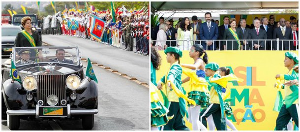 Preocupação com protestos diminuiu o público do desfile cívico-militar na capital federal, que apesar do grande público, ainda tinha espaço nas arquibancadas; cerimônia teve a presença da presidente Dilma Rousseff, que chegou em carro aberto, do vice-presidente Michel Temer, do presidente do STF, Joaquim Barbosa, do governador do Distrito Federal, Agnelo Queiroz, ministros e outras autoridades; cerca de 4 mil PMs e 150 policiais civis estão mobilizados para fazer a segurança da capital, onde são esperados 150 mil manifestantes