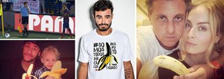 Viral lançado pelo jogador Neymar, em solidariedade ao colega do Barcelona Daniel Alves, recente alvo de racismo no futebol e que repercutiu no mundo todo, foi explorado comercialmente pelo apresentador Luciano Huck; ele usou sua grife para vender camiseta por R$ 69; iniciativa foi bombardeada na internet: “Geral fazendo campanha #SomosTodosMacacos enquanto o Neymar e o Luciano Huck lucram com isso. #SomosTodosBananas isso sim!”