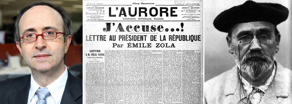 Escritor Émile Zola, autor de uma das peças jornalísticas mais importantes de todos os tempos, o célebre "J'accuse", deve estar se revirando no túmulo; Zola, que defendia o capitão Dreyfus, alvo de um processo deformado pela sede de vingança de parte da sociedade francesa (qualquer semelhança com a ação pela 470 não é mera coincidência), foi parodiado por Reinaldo Azevedo, que dispara contra Dilma Rousseff, Franklin Martins e Janio de Freitas
