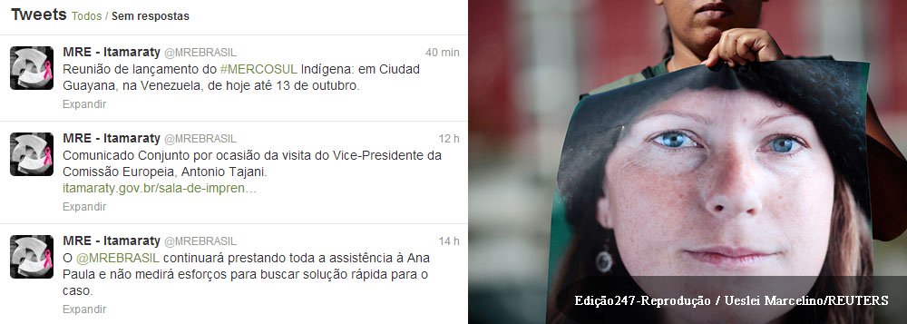 No Twitter, o Ministério das Relações Exteriores informou que "não medirá esforços para buscar solução rápida para o caso" da brasileira presa na Rússia acusada de pirataria durante um protesto do Greenpeace contra a exploração de petróleo no Ártico; segundo a pasta, "como resultado das gestões da diplomacia brasileira, permitiu-se que Ana Paula telefonasse para sua família"