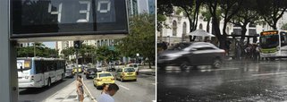 Temperatura desta terça (12) é a segunda mais alta do ano; há três anos, não fazia tanto calor na cidade no mês de novembro; sobre a chuva, uma frente fria se deslocou de São Paulo e chegou ao Rio, trazendo chuvas fortes a moderadas, previstas para as próximas horas; chuva forte da tarde provocou congestionamento e atrasos na circulação de trens; houve registro de chuva de granizo nos bairros da Penha e Vista Alegre, na zona norte do Rio
