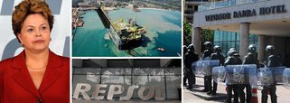 Espanhola não participará mais do primeiro leilão do pré-sal, que acontece nesta tarde, no Rio, disse hoje um porta-voz da empresa; tensão sobre a licitação, alvo de manifestações em todo o País, aumenta; para a presidente Dilma Rousseff, leilão do Campo de Libra deve "marcar o país por gerações" e é um dos atos mais importantes de seu governo; novo ciclo pode fazer do Brasil o quarto maior exportador de petróleo do mundo em 20 anos; ministro da Fazenda, Guido Mantega espera onda inédita de investimentos da ordem de US$ 180 bilhões em 35 anos; para BNDES, investimentos devem crescer 26% em quatro anos, com a liderança do setor de petróleo e gás na indústria; atenta ao processo, Dilma Rousseff foi quem tomou pessoalmente a decisão de enviar o Exército para garantir a proteção do leilão