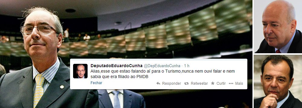 Líder do PMDB na Câmara nega ter dado aval a indicações para os ministérios da Agricultura e do Turismo; "Não dei qualquer aval para indicação de qualquer ministro", publicou no Twitter; sobre Ângelo Oswaldo, amigo pessoal da presidente Dilma Rousseff, chegou a ser grosseiro: "Aliás, esse que estão falando aí para o Turismo, nunca nem ouvi falar e nem sabia que era filiado ao PMDB"; controle das pastas pelo PMDB é forma de acalmar ânimos da crise, mas Eduardo Cunha põe lenha na fogueira; partido negocia com o PT alianças em oitos estados; Dilma se reúne hoje com o governador do Rio, Sérgio Cabral, onde há mais conflitos entre as legendas