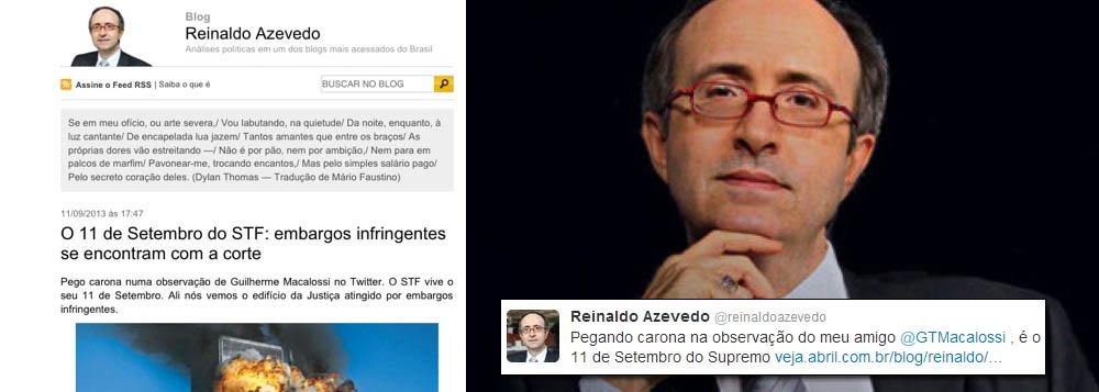 Blogueiro de Veja.com, que ainda tenta convencer ministros do STF a atropelar o direito de defesa e as garantias constitucionais, compara a vitória parcial dos embargos infringentes à destruição das torres gêmeas, que deixou quase três mil mortos em Nova York; colunista se desespera ao prever que sua teoria, provavelmente, não será acolhida pela suprema corte
