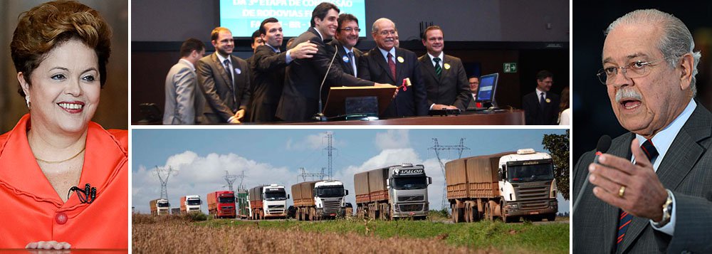 Trecho de 850 quilômetros da BR-163, no Mato Grosso, é vendido à Odebrecht, que ofereceu um pedágio de R$ 0,02638 por km; houve sete concorrentes na disputa; "Alcançamos todos os resultados desejados", comemora ministro dos Transportes, César Borges, que confirma a realização de mais dois leilões ainda neste ano; segundo estudo da Confederação Nacional da Indústria (CNI), concessão deverá resultar numa economia de R$ 1,4 bi por ano ao País, ao encurtar o caminho dos produtos feitos no estado até os portos, uma vez que o norte do MT é responsável por 52% da produção de soja; mais uma vitória do governo Dilma