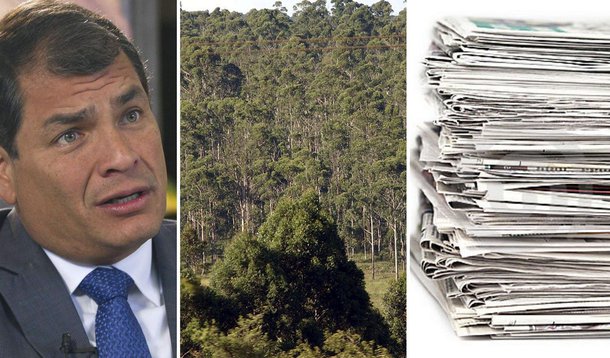 O presidente do Equador, Rafael Correa, anunciou no Twitter que pretende fazer uma consulta popular no país sobre a eliminação dos jornais diários impressos para evitar a derrubada de árvores; ele fez a provocação ao ser questionado pela mídia local sobre o projeto de uma jazida petrolífera; “agora os maiores ecologistas são os diários mercantilistas”, ironizou