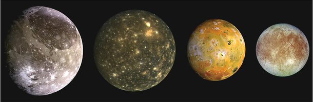 Ganimedes, Callisto, Io e Europa (na fotomontagem acima) luas do planeta Júpiter, são apenas alguns dos satélites existentes no Sistema Solar. Elas começam a ser estudadas em profundidade, revelando detalhes surpreendentes