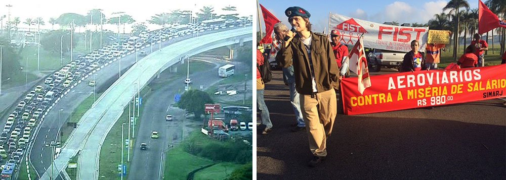 Aeroviários do município do Rio de Janeiro iniciaram uma paralisação de 24 horas por melhorias salariais; mobilização atinge os aeroportos Internacional do Rio de Janeiro – Antônio Carlos Jobim/Galeão, Santos Dumont e Jacarepaguá (que opera voos particulares, como da Petrobras); trânsito na região da Ilha do Governador foi afetado