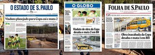 Constrangida pelo sucesso do Mundial, oligopólio da mídia familiar no Brasil se escora no acidente de engenharia ocorrido ontem em Belo Horizonte para uma pequena vingança; na Folha, a queda de um viaduto se transformou em "Obra inacabada da Copa desaba e mata 1 em BH"; no Globo, "Viaduto de obra da Copa desaba e mata 2 em BH"; no Estado, "Viaduto planejado para Copa cai e mata 2"; nos três jornais, ênfase no fato de se tratar de uma obra do Plano de Aceleração do Crescimento, que, embora federal, é executado por estados e municípios; no caso concreto, a responsabilidade pela execução da obra era da prefeitura de Belo Horizonte, governada por Marcio Lacerda, do PSB, que viu "falha de engenharia"