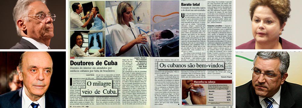 Revista da Editora Abril afirma que "o milagre veio de Cuba" numa reportagem de outubro de 1999, quando o presidente era Fernando Henrique Cardoso e o ministro da Saúde, José Serra, ao descrever a situação de municípios como Arraias, em Tocantins, que não tinham médicos; a matéria chega a dizer que "os cubanos são bem-vindos"; agora que Dilma Rousseff e Alexandre Padilha propõem socorrer as cidades sem médicos com profissionais cubanos, eles são chamados de escravos e de espiões comunistas por Veja (Foto: Gisele Federicce) Revista da Editora Abril afirma que "o milagre veio de Cuba" numa reportagem de outubro de 1999, quando o presidente era Fernando Henrique Cardoso e o ministro da Saúde, José Serra, ao descrever a situação de municípios como Arraias, em Tocantins, que não tinham médicos; a matéria chega a dizer que "os cubanos são bem-vindos"; agora que Dilma Rousseff e Alexandre Padilha propõem socorrer as cidades sem médicos com profissionais cubanos, eles são chamados de escravos e de espiões comunistas por Veja