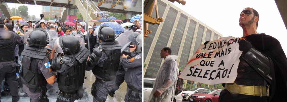 Nem o lendário Batman, personagem das histórias em quadrinhos incorporado pelo protético Eron Moraes de Mello, escapou da violência durante manifestação de professores estaduais e municipais, em frente à prefeitura do Rio; como os manifestantes se recusaram a sair da avenida, os policiais usaram spray de pimenta e bombas de gás lacrimogêneo, provocando correria e protesto dos educadores