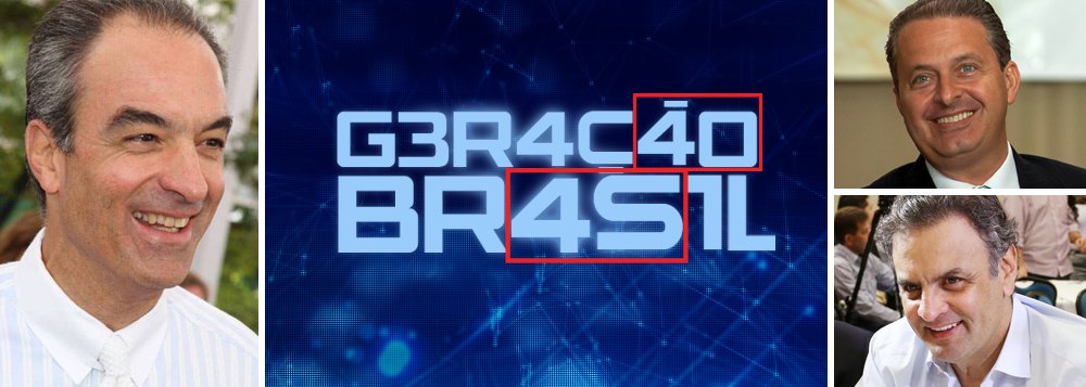Nova novela global atropela sutilezas e dissimulações; na lata, logotipo da trama das sete da noite destaca números e letras que formam 40, na primeira linha, e 45, na segunda (acima); são as identificações eleitorais, na vida real, de Eduardo Campos, do PSB, e de Aécio Neves, do PSDB; produto é veiculado imediatamente antes do Jornal Nacional e ficará no ar pelos próximos meses; no ano eleitoral de 2014, emissora de João Roberto e seus dois irmãos Marinho acentua parcialidade histórica de antena amiga dos militares (1964-1985), patrocinadora do escândalo Proconsult (1982) e organizadora do ardiloso debate Collor X Lula (1989); Vale Tudo, como dizia a novela que imortalizou a vilã Odete Roitman, em 1988