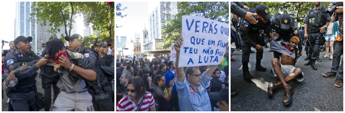 Polícia detém sete pessoas após confronto em protesto na Avenida Passos com a Avenida Presidente Vargas, no centro do Rio; passeata seguiu pelo centro histórico e chegou ao Campo de Santana, durante o desfile cívico da cidade; há mascarados, mas maioria tem rosto descoberto; uma jovem foi atingida na cabeça por um cassetete; agência bancária teve a vidraça quebrada; Tropa de Choque contém manifestantes com gás lacrimogêneo