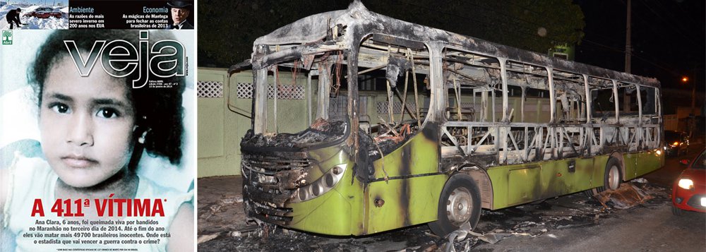 Revista da Abril dedica a capa à menina Ana Clara, de seis anos, que morreu quando um ônibus foi incendiado por bandidos nas ruas de São Luís; segundo a publicação, 49,7 mil brasileiros inocentes serão assassinados neste ano e a presidente Dilma Rousseff não seria a pessoa mais preparada para enfrentar a criminalidade; Veja propõe até que Dilma procure líderes da oposição para firmar um pacto nacional contra o crime; capa transforma o caso em mais uma peça da guerra política de 2014